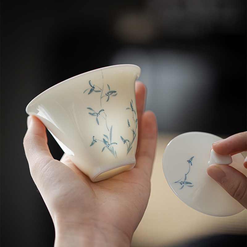 玉瓷手繪蘭花有方陶瓷青花蓋碗