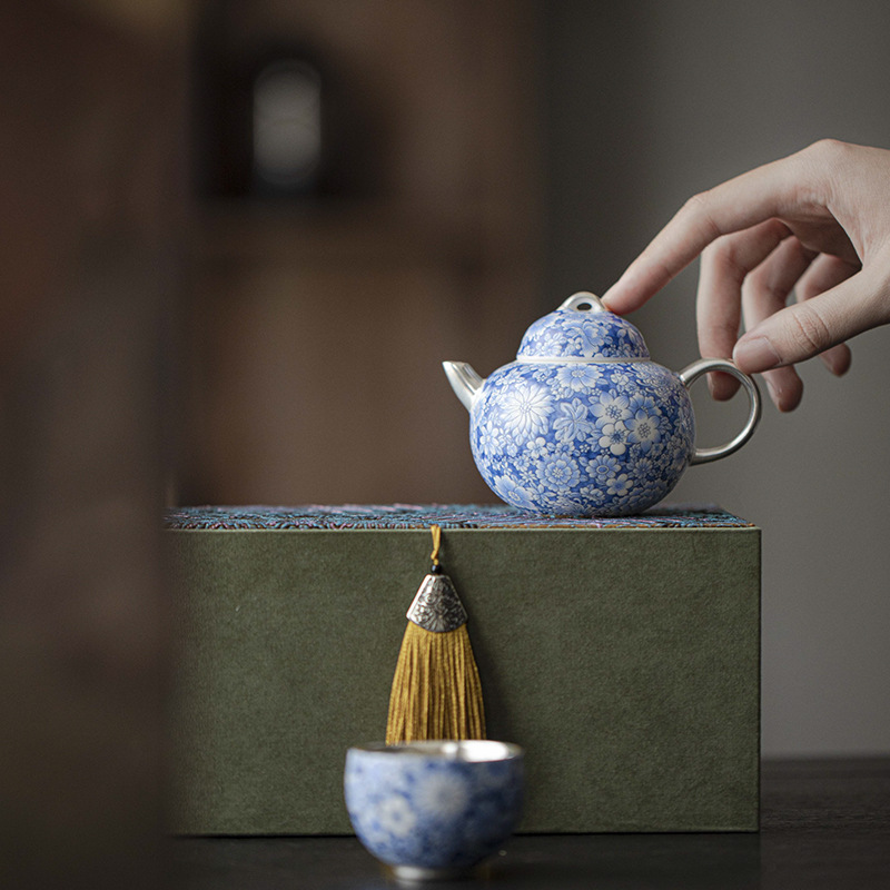 鎏銀青花一壺一杯套裝禮盒套裝