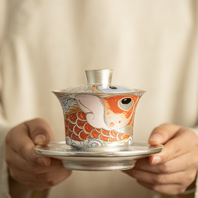 手工鎏銀祥龍納福三才蓋碗