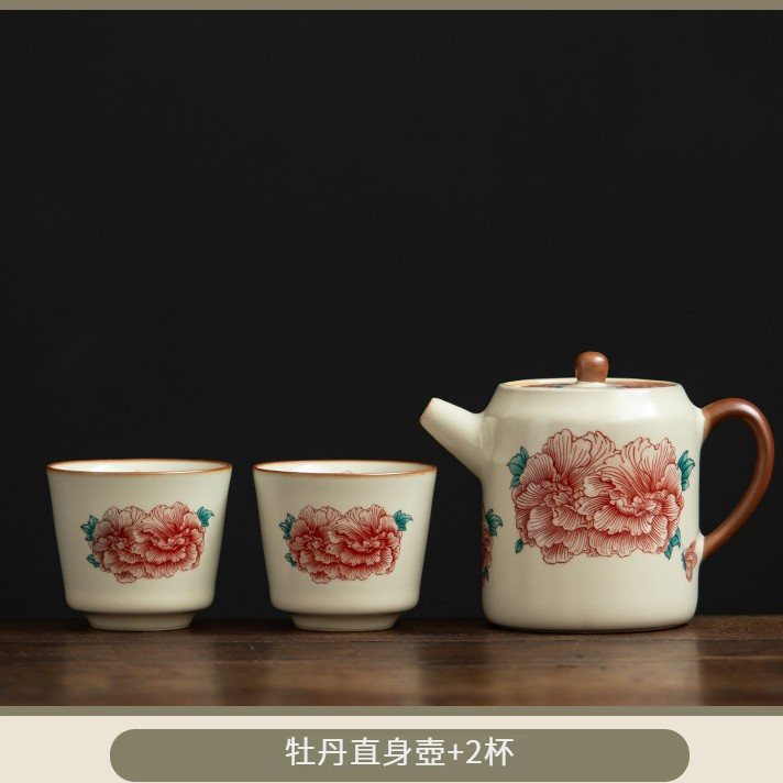 汝窯牡丹花直身壺套組