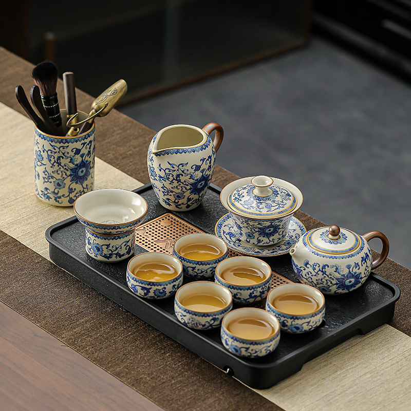 汝窯青花纏枝蓮西施壺蓋碗茶具套裝