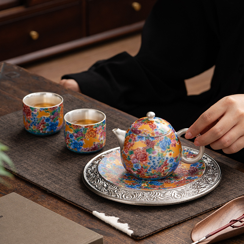 鎏銀芳華碟念花一壺兩杯禮盒裝