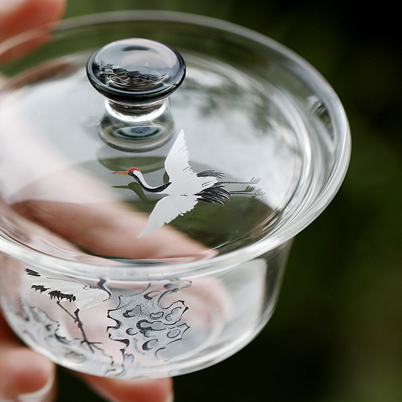 松鶴耐熱玻璃蓋碗茶杯