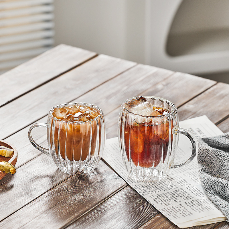 Ins 咖啡館餐廳創意條紋帶把雙層玻璃咖啡杯