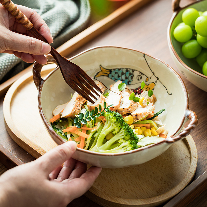 日式創意雙耳陶瓷碗