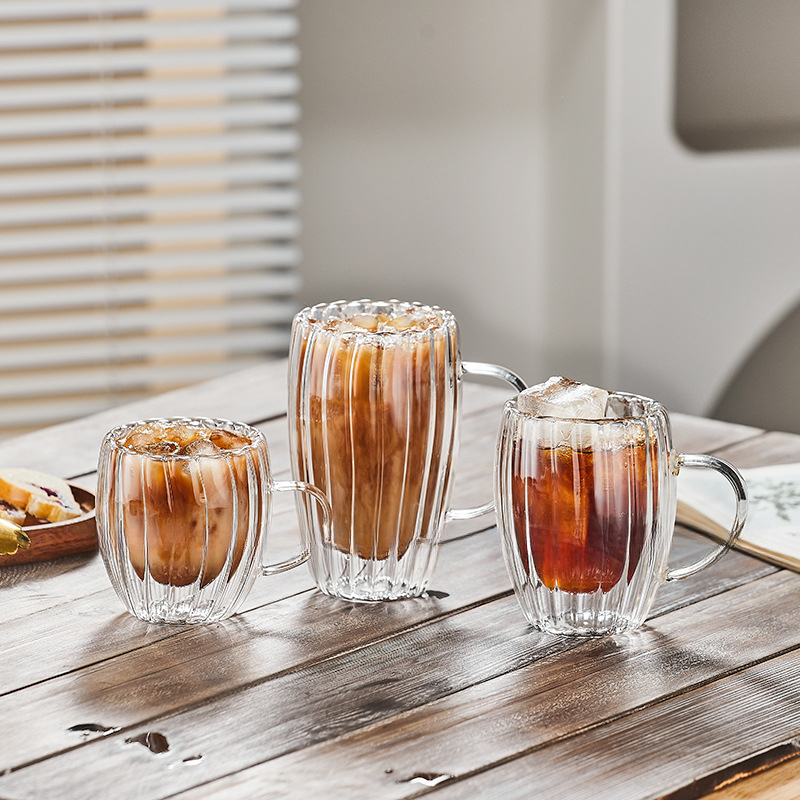 Ins 咖啡館餐廳創意條紋帶把雙層玻璃咖啡杯