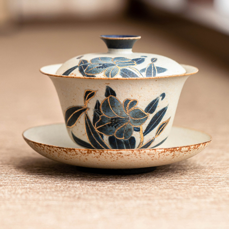 青花火石紅三才蓋碗