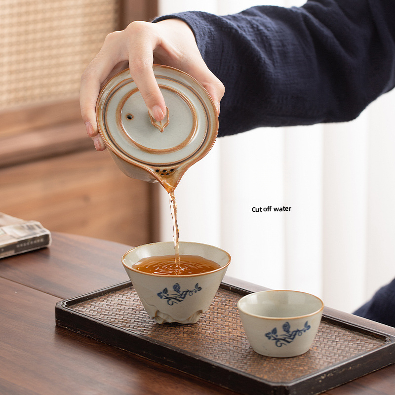 草木灰青花便攜旅行茶具