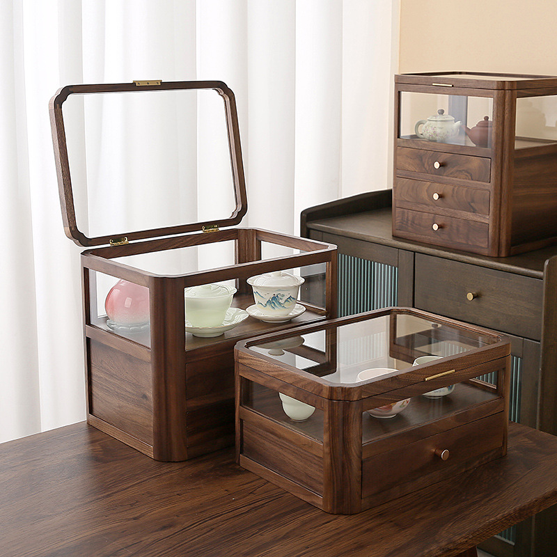 胡桃木帶蓋透明收納盒