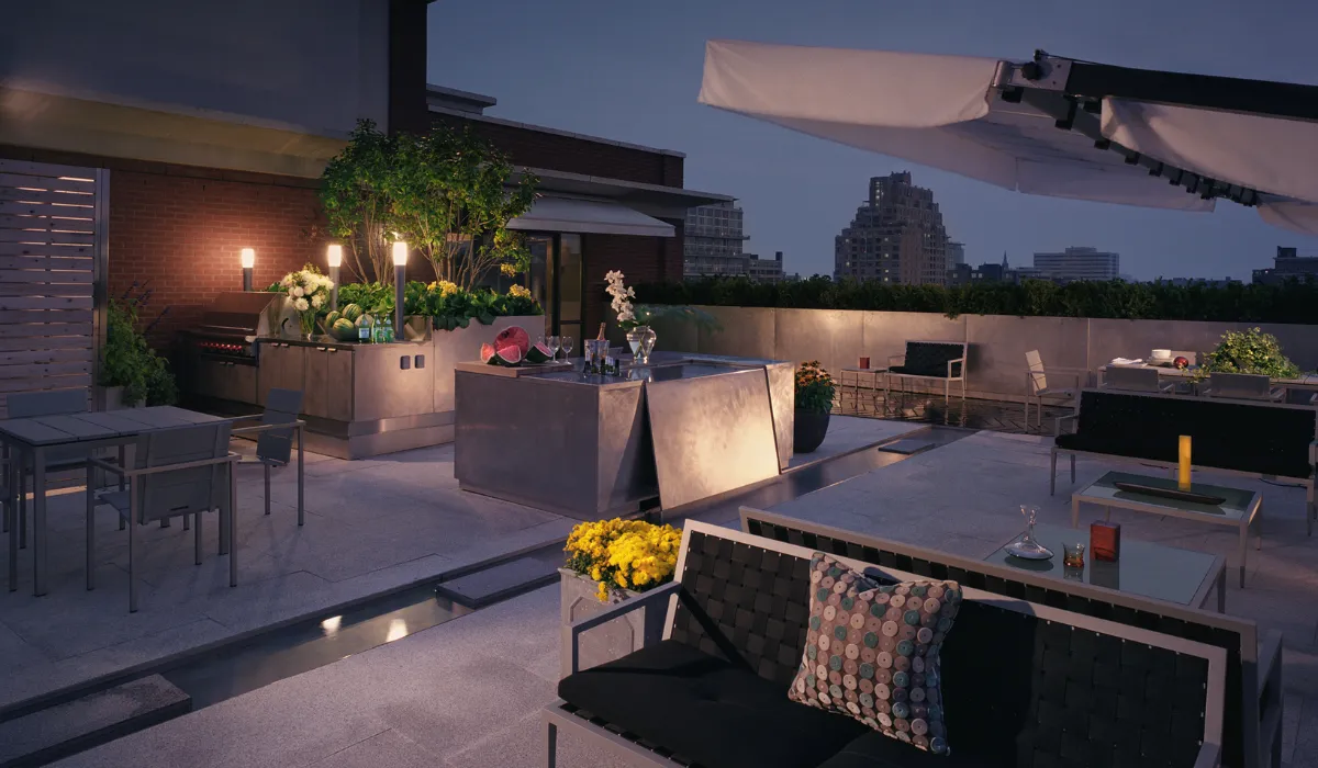Cozy outdoor balcony on high building with warm lighting