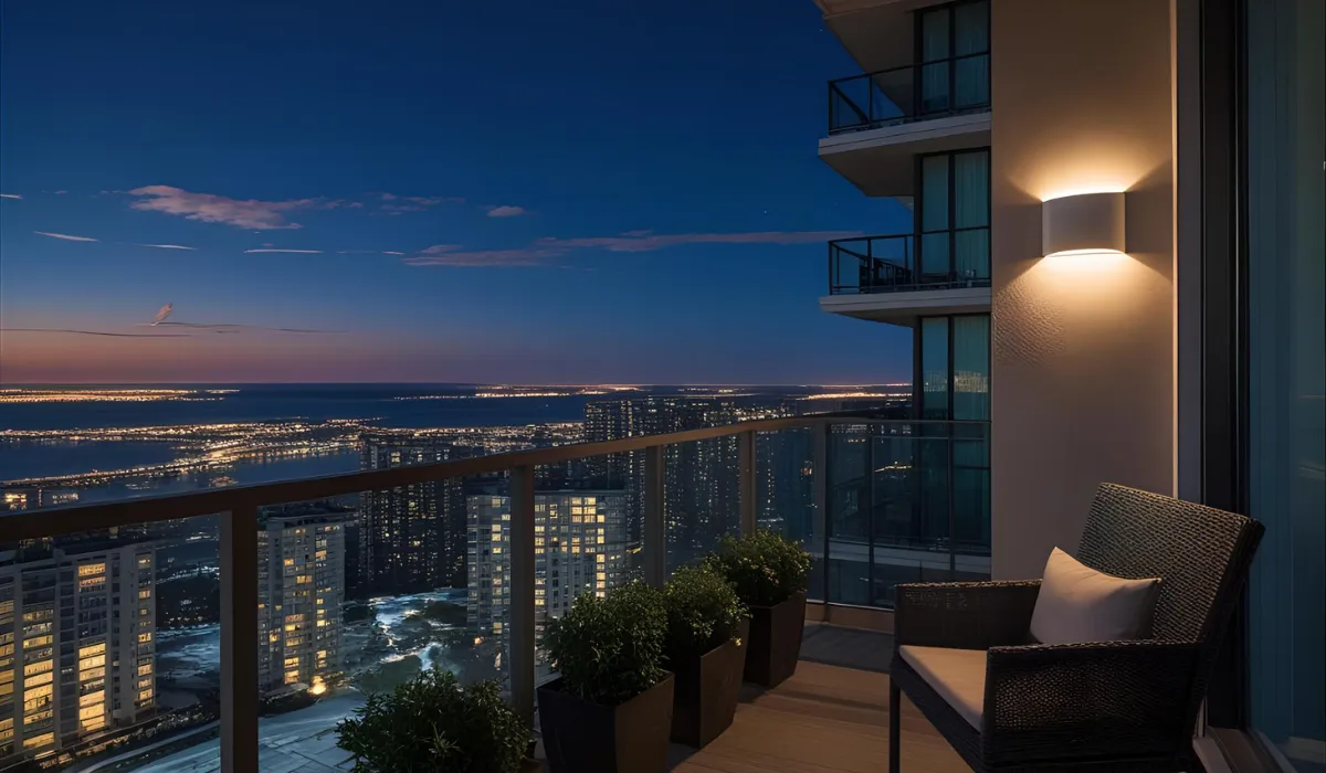 High rise building with small balcony and outdoor wall light