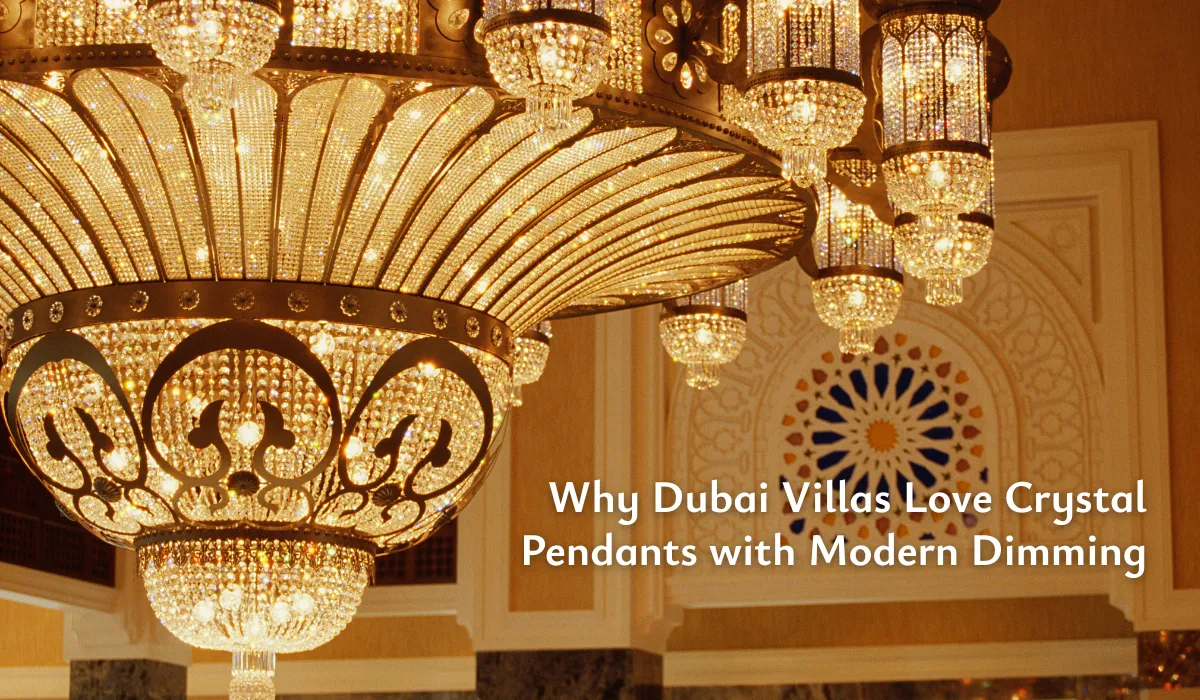 Luxurious crystal chandelier sparkling in a grand Dubai villa, exuding elegance and glamour.