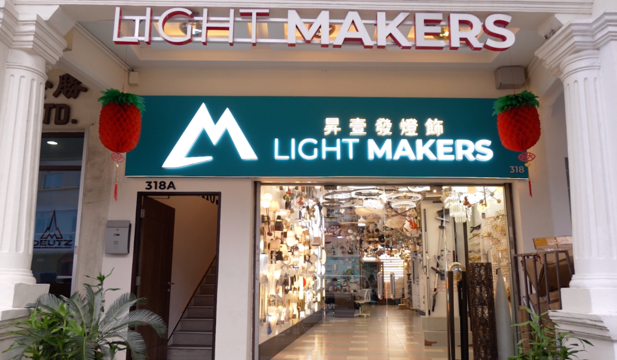 Light Makers store front with signage and lighting displays