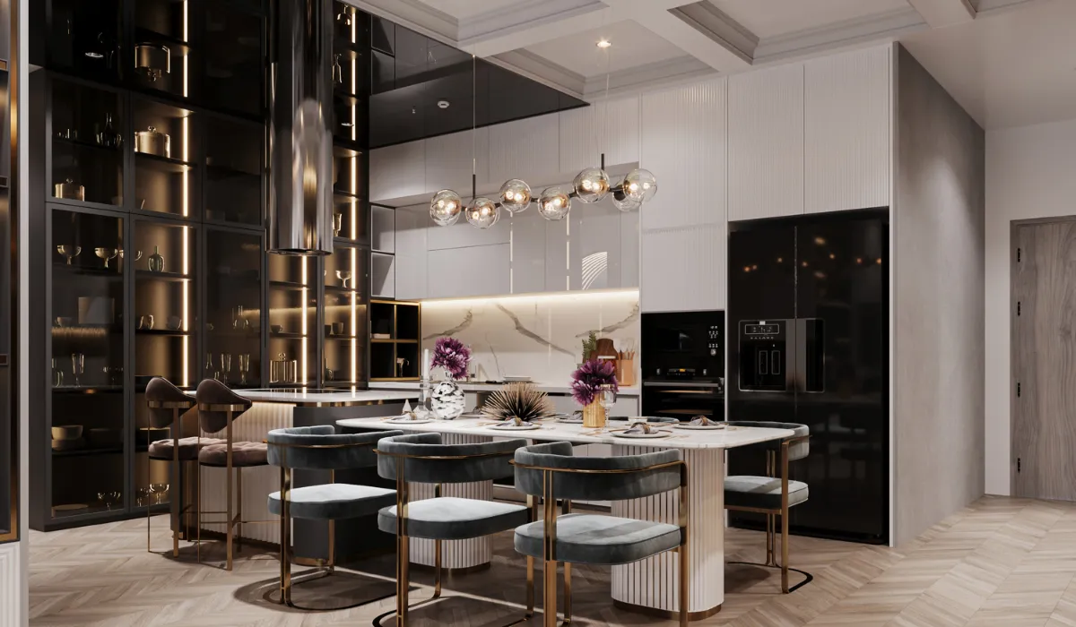 Luxurious modern kitchen with pendant lighting, marble backsplash, and velvet dining chairs.