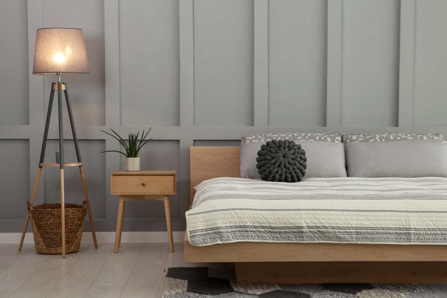 Modern bedroom floor lamp with soft ambient lighting, perfect for contemporary Singapore home interiors.