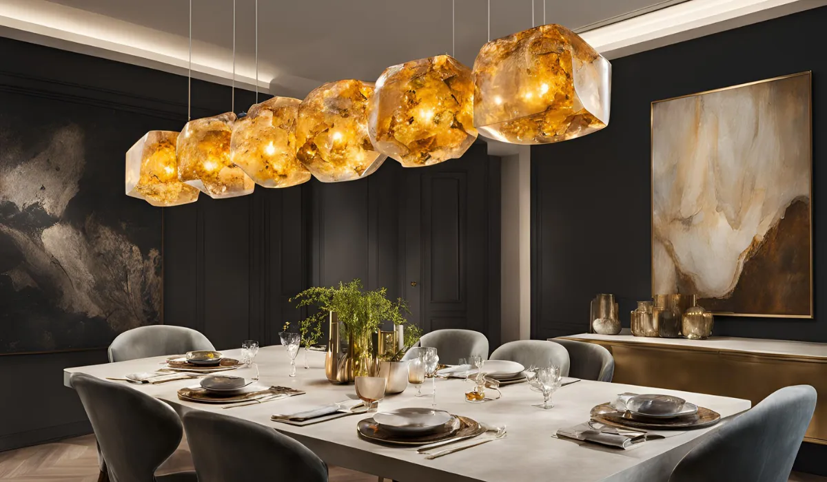 Yellow citrine lighting fixture creating warmth and positivity in a dining room."