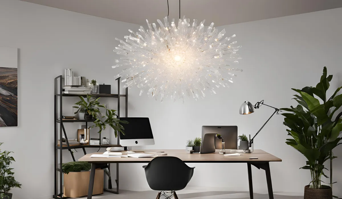 "Clear quartz lighting fixture for clarity and energy amplification."
