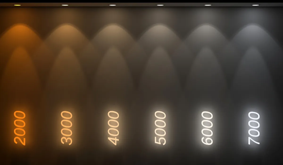 Lighting color temperature scale from 2000K warm yellow to 7000K cool white, illustrating different ambiance effects.