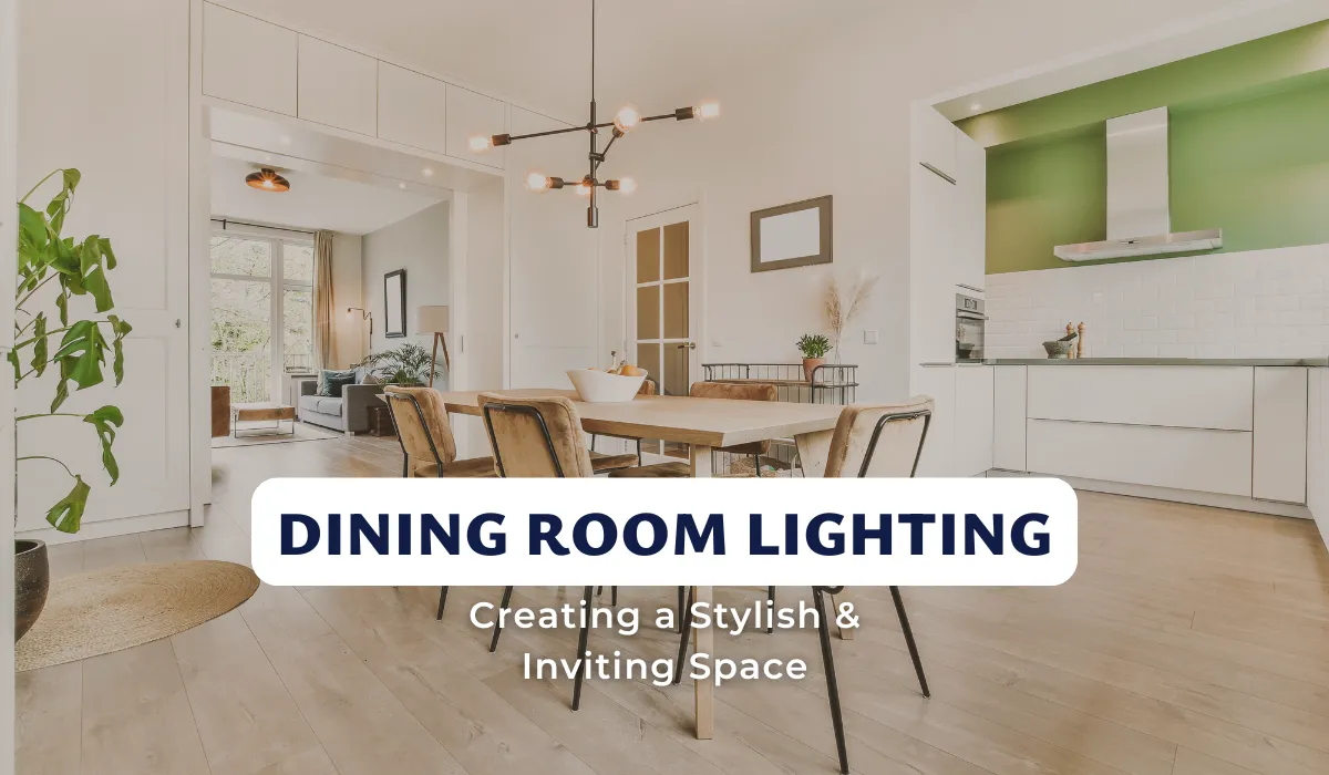 Bright dining area with modern pendant light and text about stylish dining room lighting.