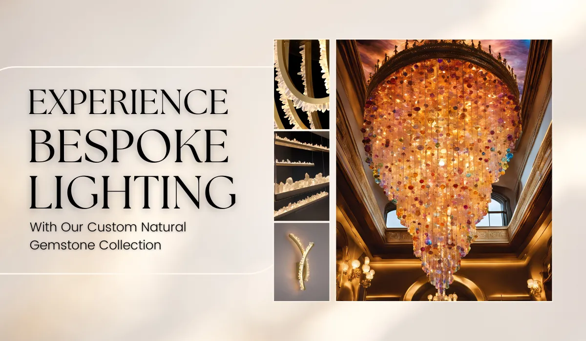 ="Bespoke natural gemstone lighting by Light Makers, featuring custom designs with amethyst and quartz."