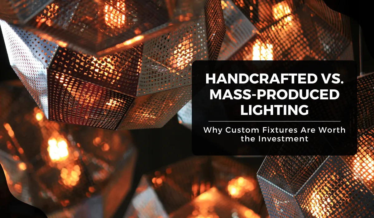 Geometric metal pendant lights with warm glow, showcasing handcrafted vs. mass-produced lighting.