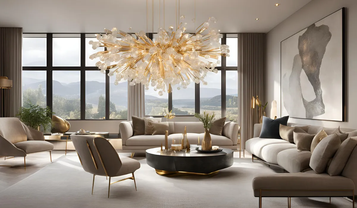 Custom quartz chandelier installed in an elegant living room."