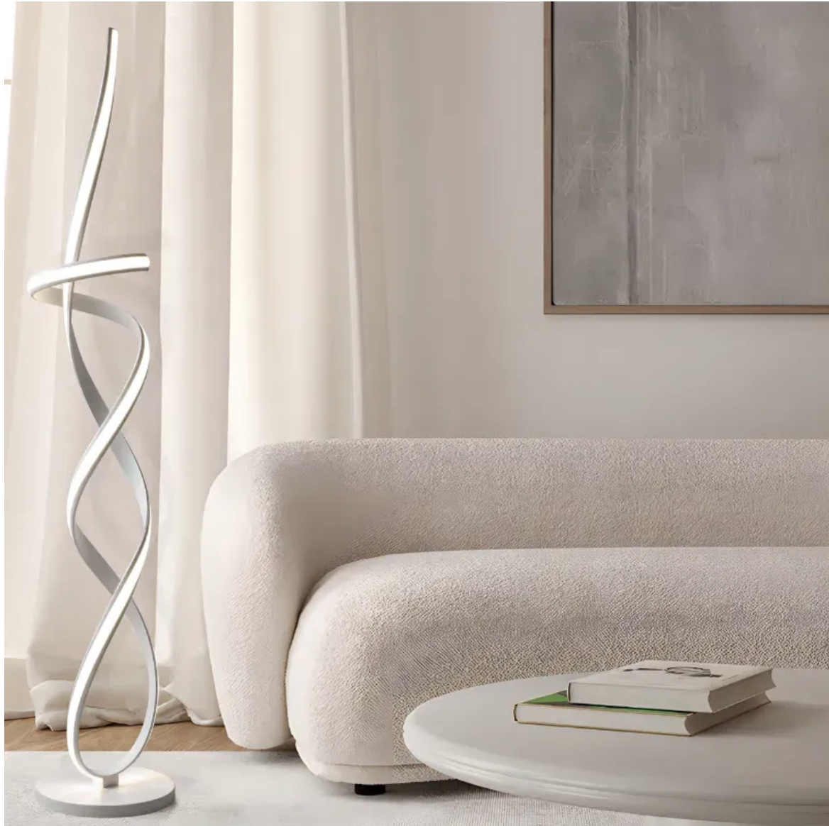 Sleek twisted floor lamp adding soft ambient lighting to a minimalist living space with neutral decor.