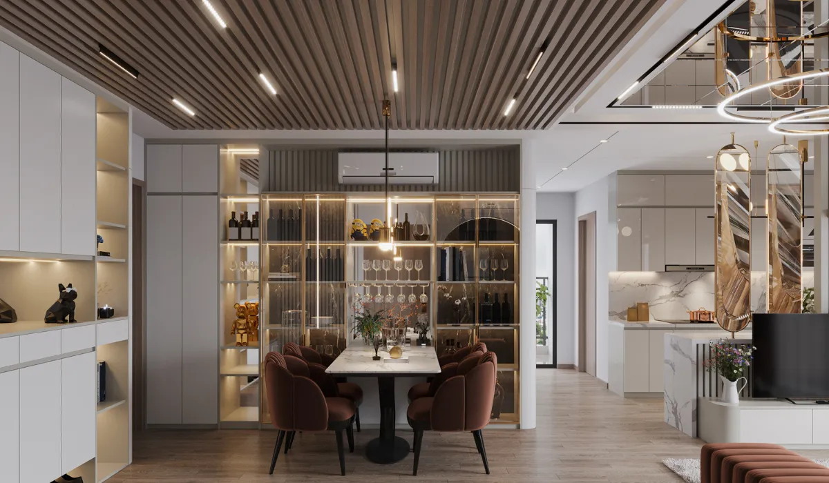 Modern dining space with stylish mood and functional lighting for a cozy ambiance.