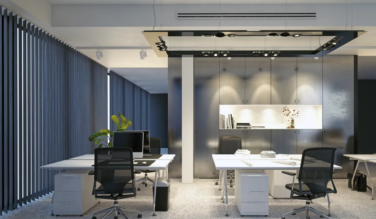 Sleek office space with modern pendant lights and task lighting for a productive work environment.