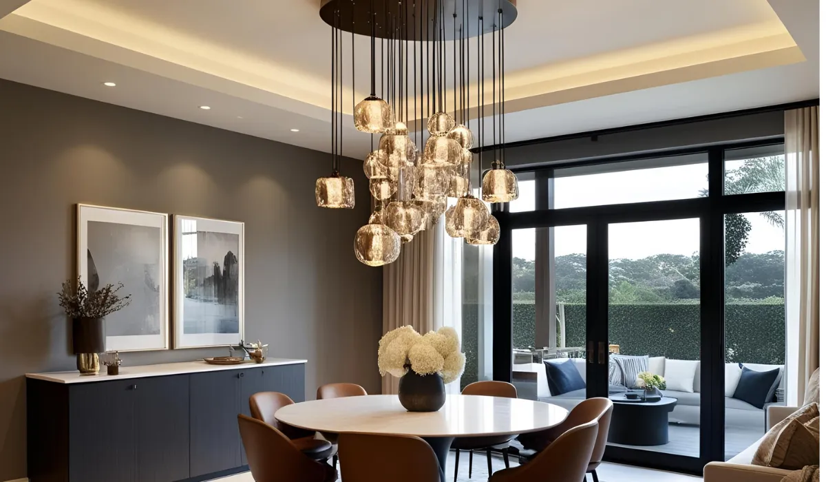 Contemporary glass pendant clusters over a dining area, adding warmth and elegance.