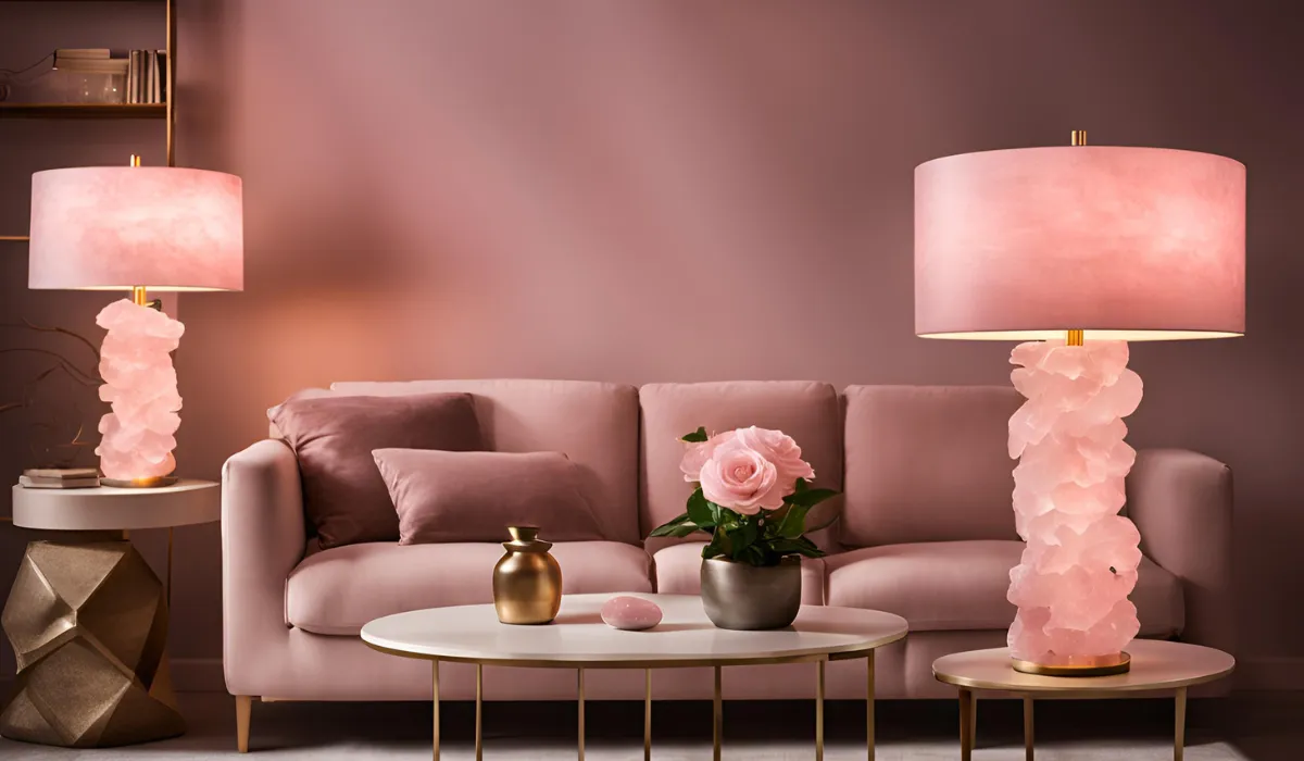 "Rose quartz table lamps adding harmony and emotional healing to a living room."