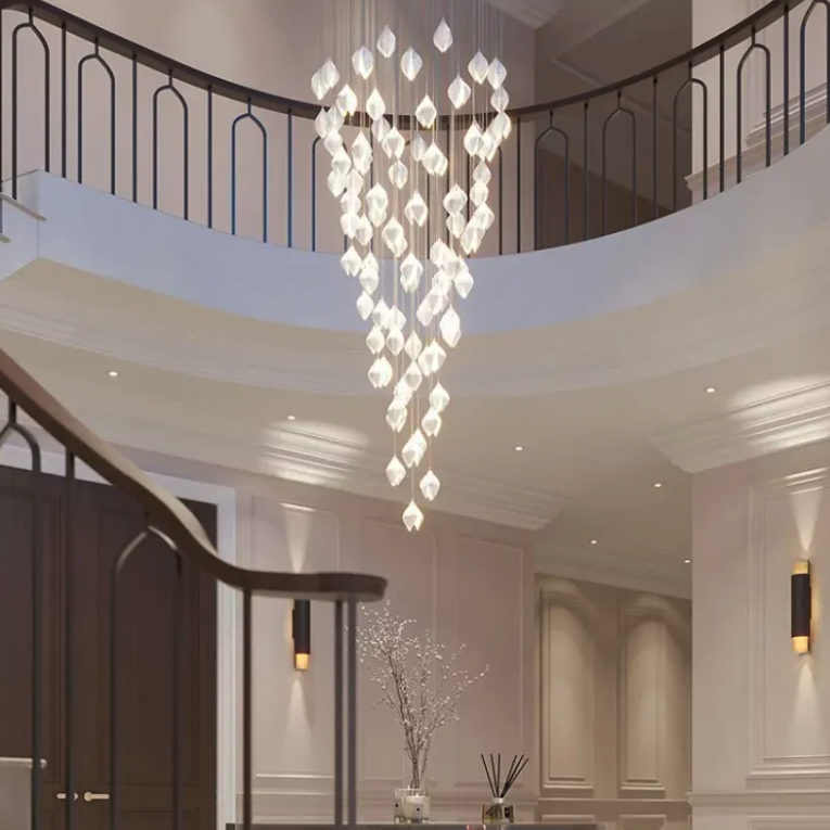 Petal floral pendant lights cascading in a high ceiling