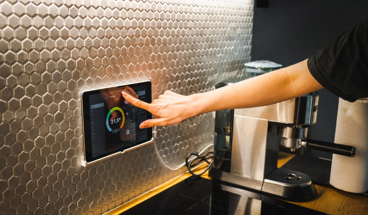 Smart lighting control panel with a modern touch interface, optimizing home energy efficiency.