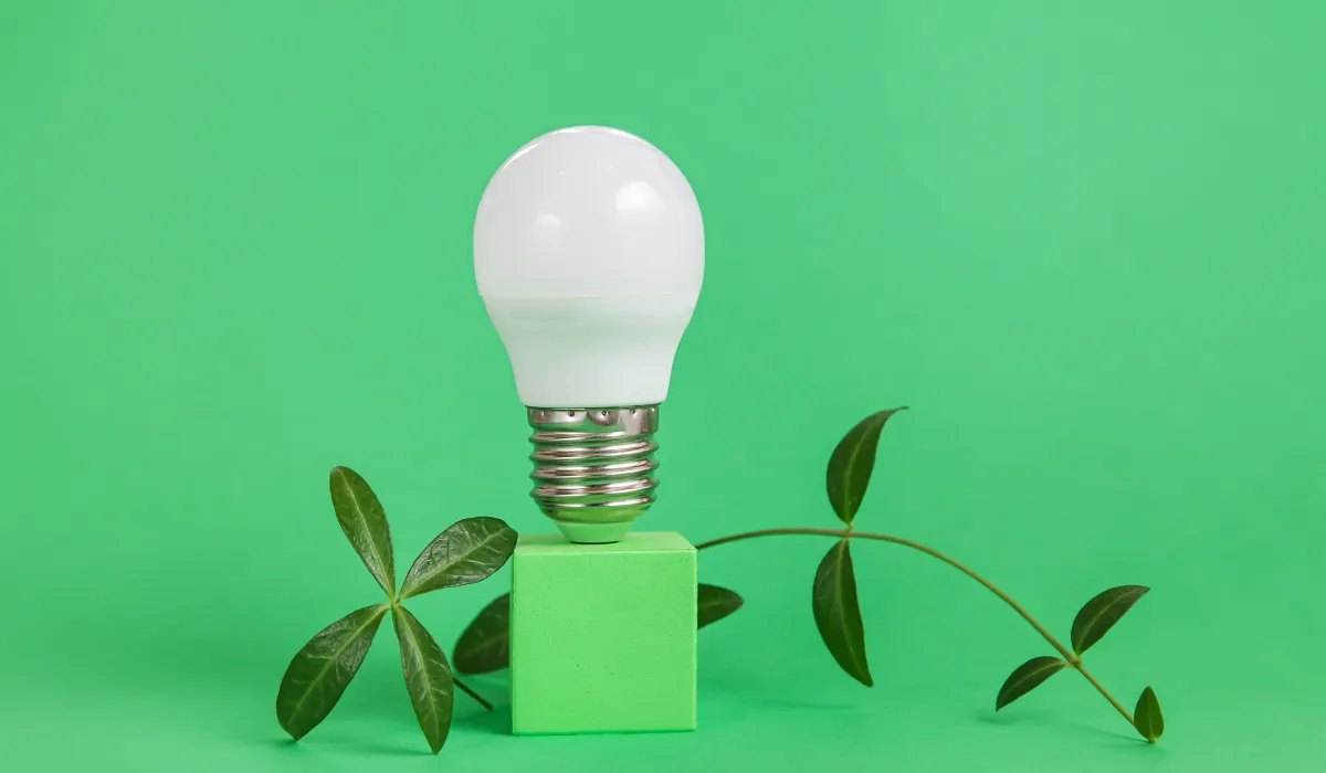Eco-friendly LED bulb with green elements, symbolizing sustainable lighting solutions.