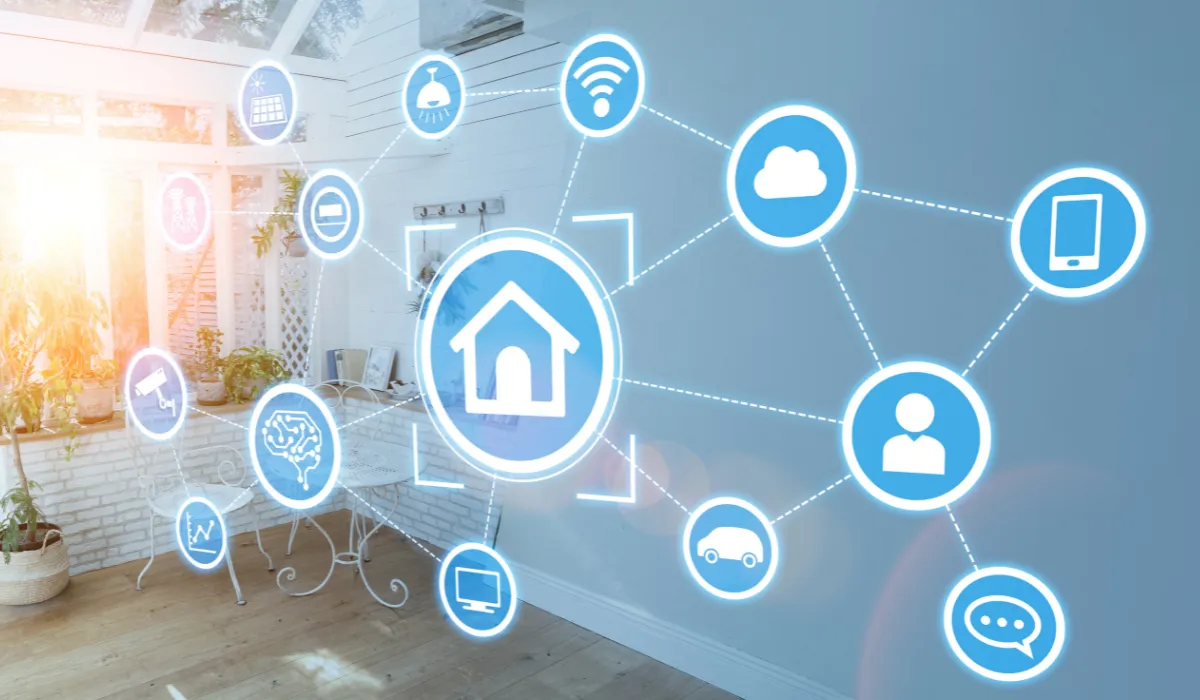 Illustration of a connected smart home system integrating lighting, security, and automation.