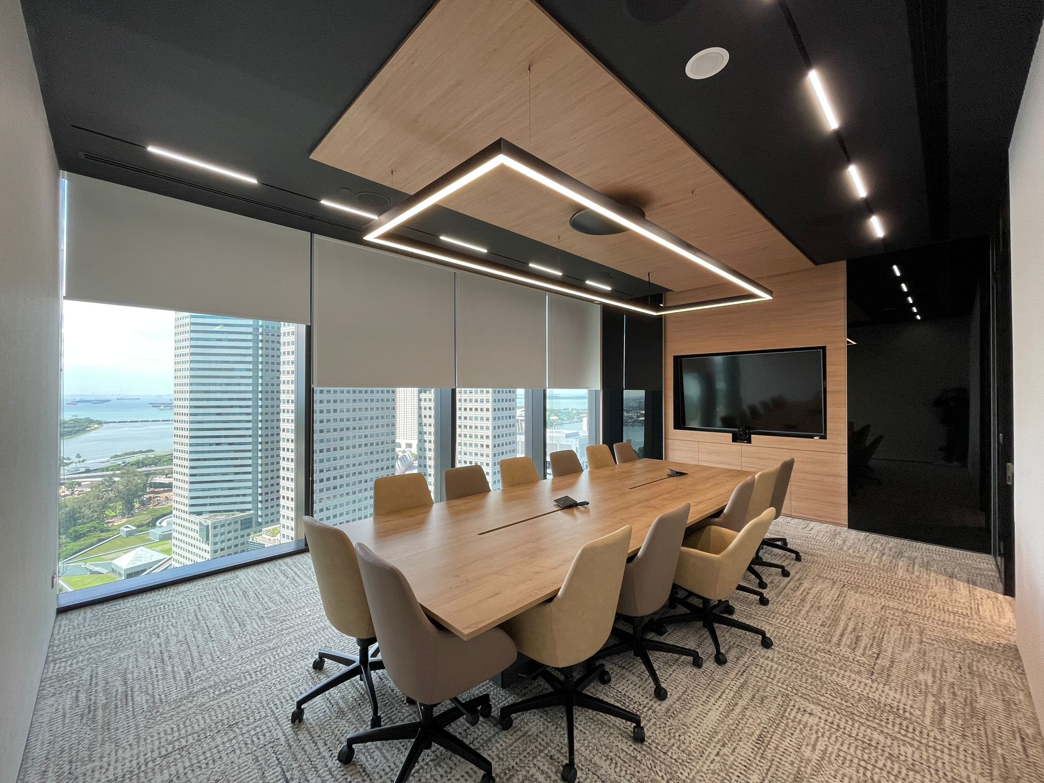 Modern conference room with LED panel lighting and recessed track lights.