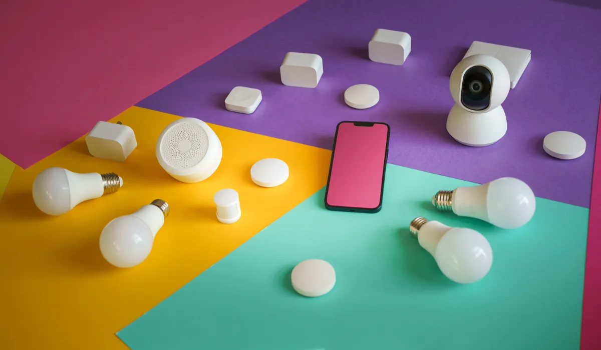 Smart home devices including bulbs, sensors, and a security camera for seamless automation.