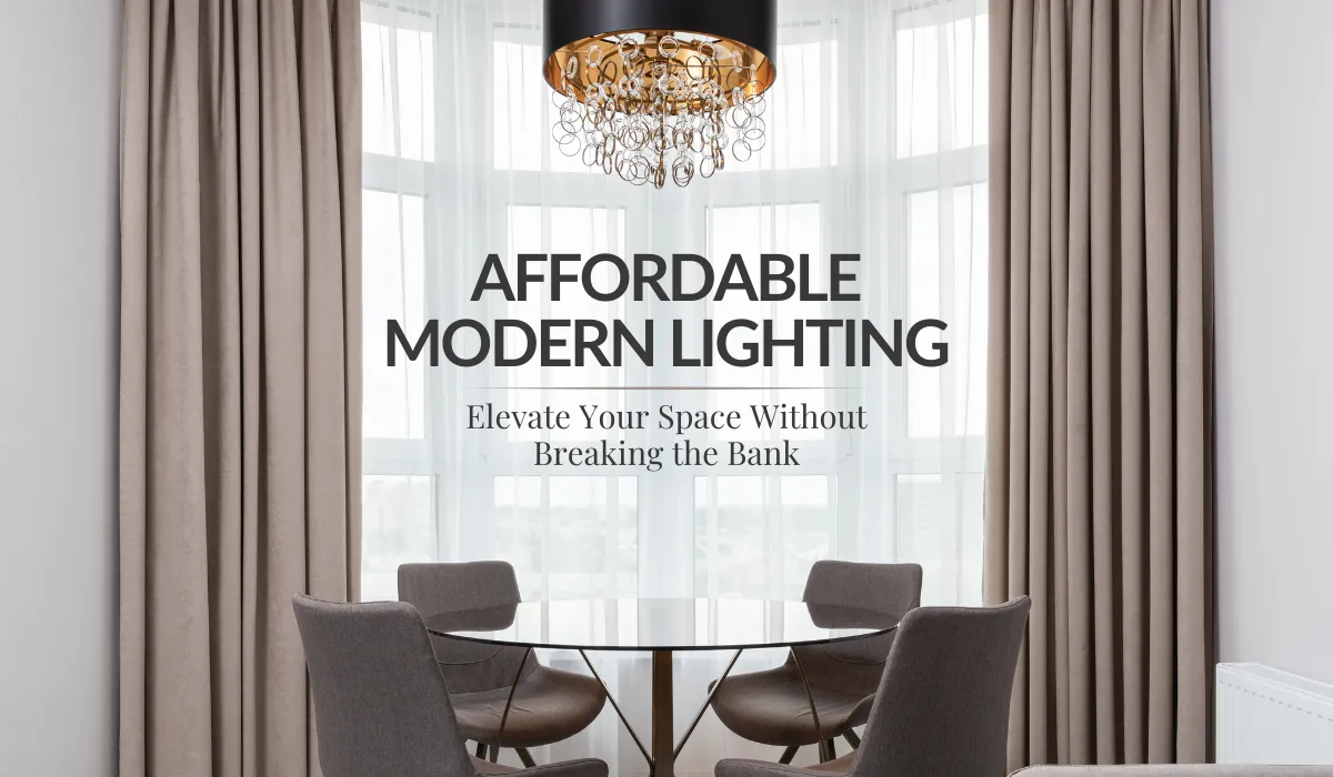 Modern dining area with elegant chandelier promoting affordable lighting solutions.