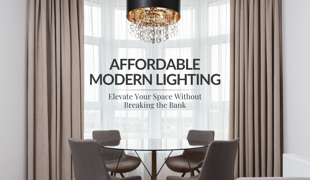 Chic dining space with crystal pendant light and text promoting affordable modern lighting.