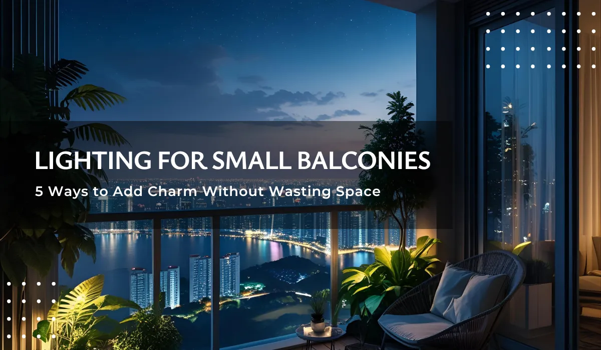 Cozy high-rise balcony at night with ambient lighting and lush plants