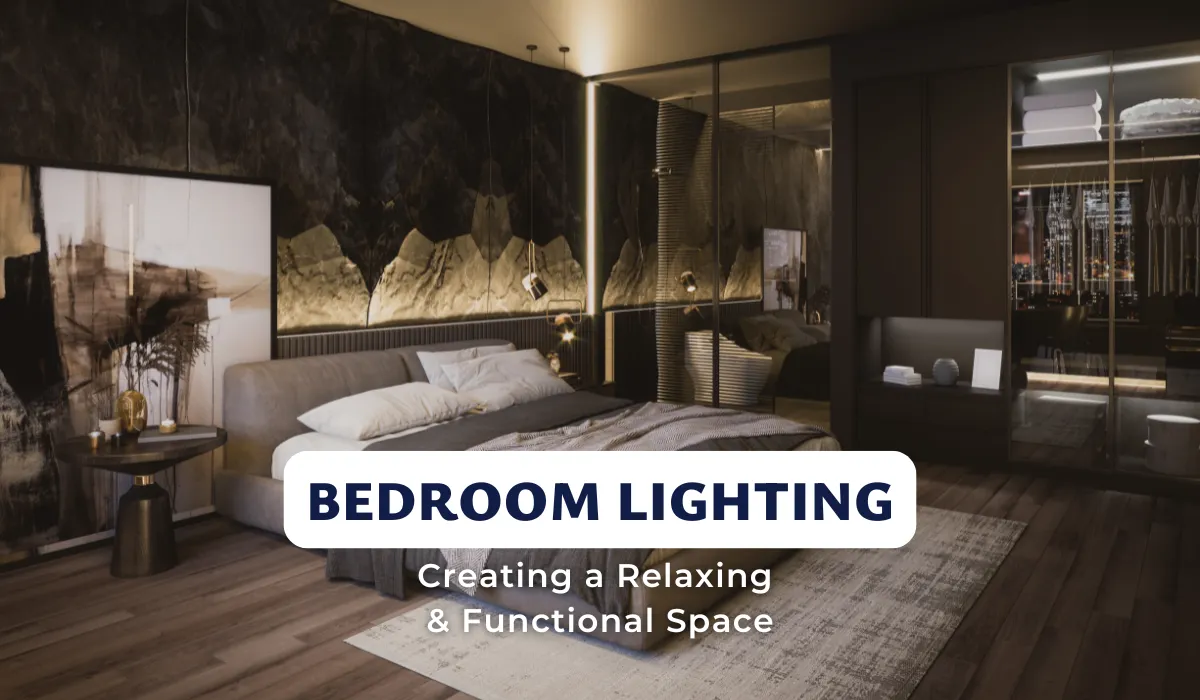 Modern bedroom with ambient and pendant lighting designed for a cozy, functional atmosphere.