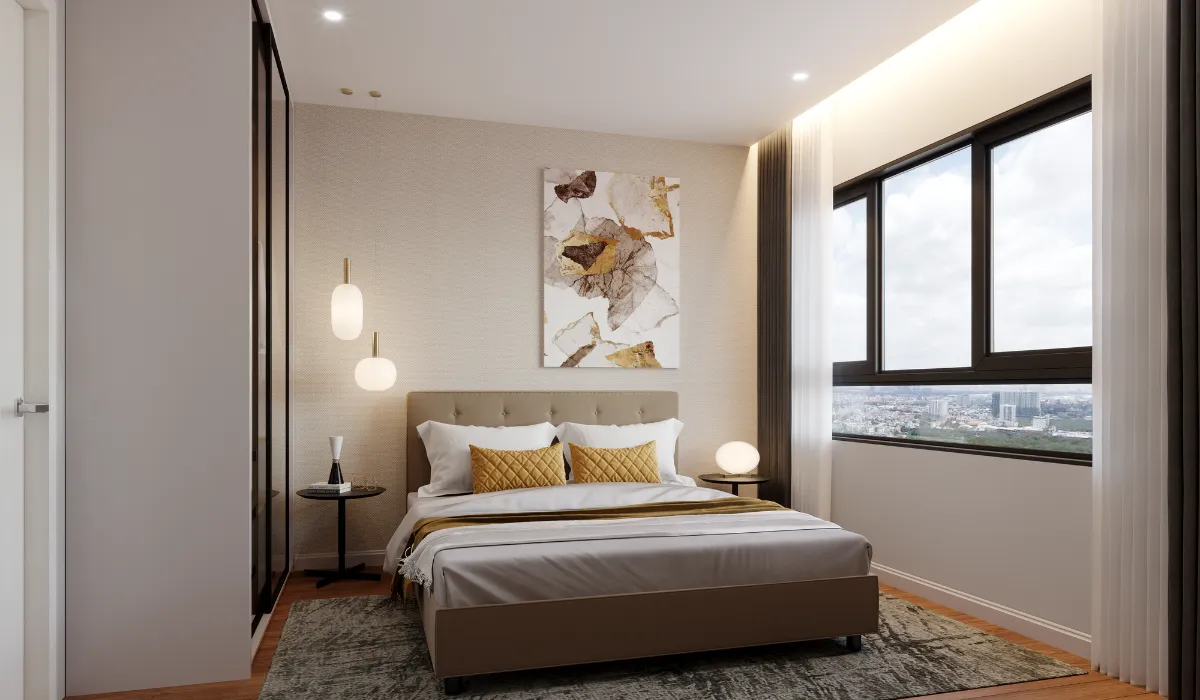 Modern bedroom with pendant and cove lighting accents