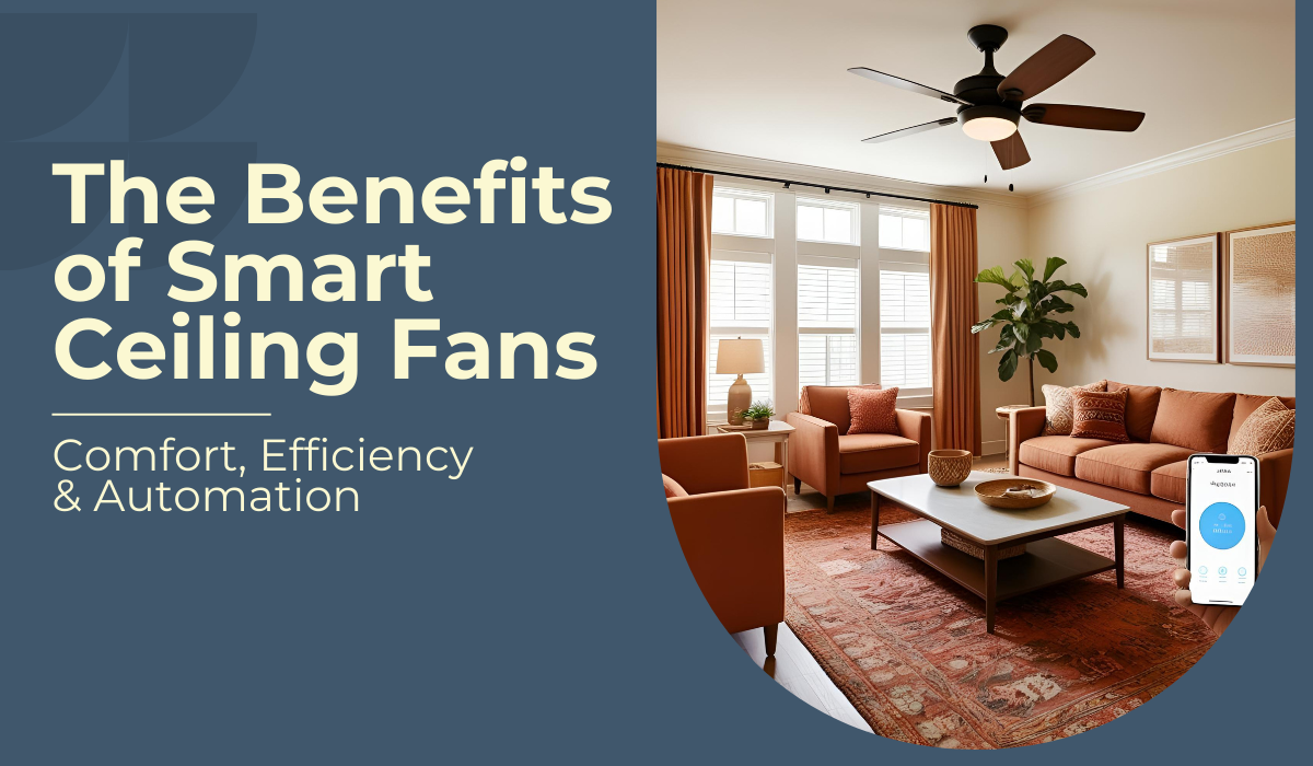 Smart ceiling fan in modern living room controlled via mobile app for comfort and efficiency.