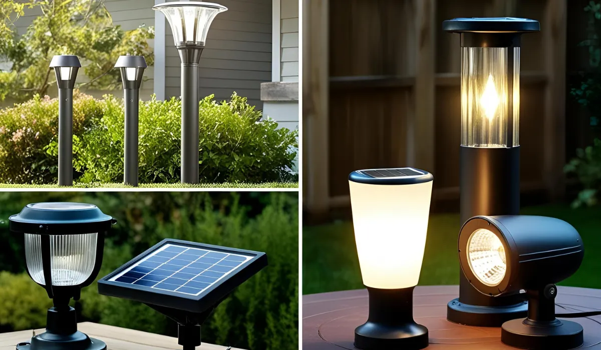 Various styles of outdoor lighting fixtures, including solar garden lights