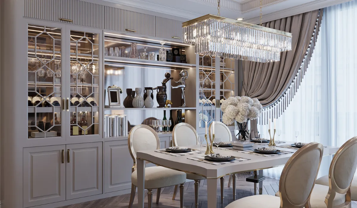 Long chandelier for gatherings during holiday season.