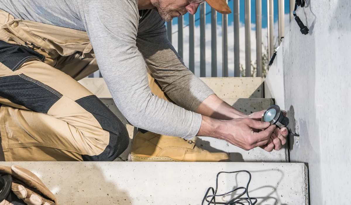 Electrician installing an outdoor step light on concrete stairs.