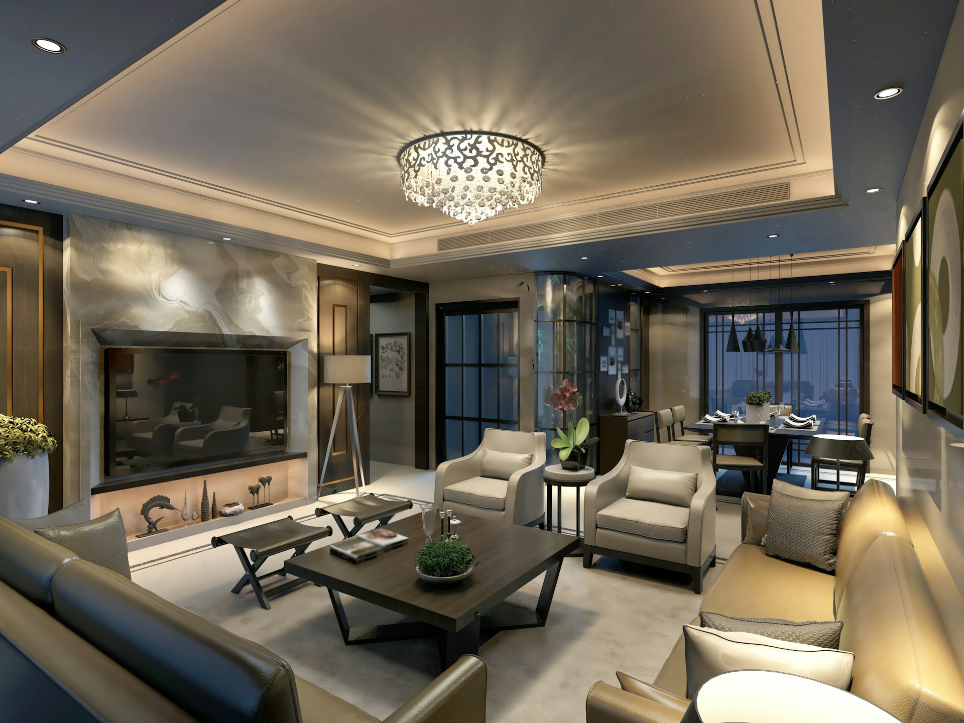 luxury living room with floor lamps and table lamps