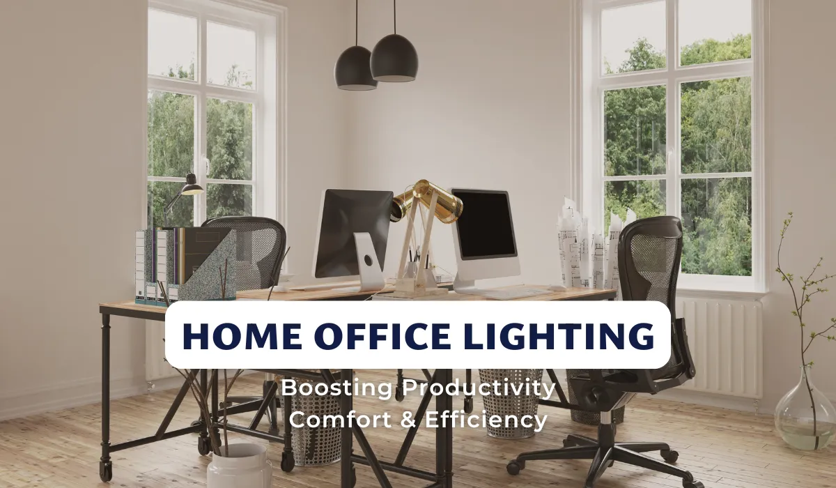 Bright home office with pendant and desk lights, promoting comfort and productivity tips.