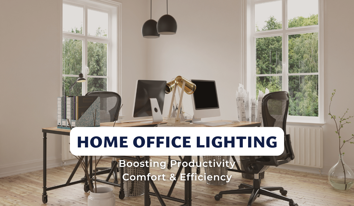 Bright home office with pendant and desk lights, promoting comfort and productivity tips.