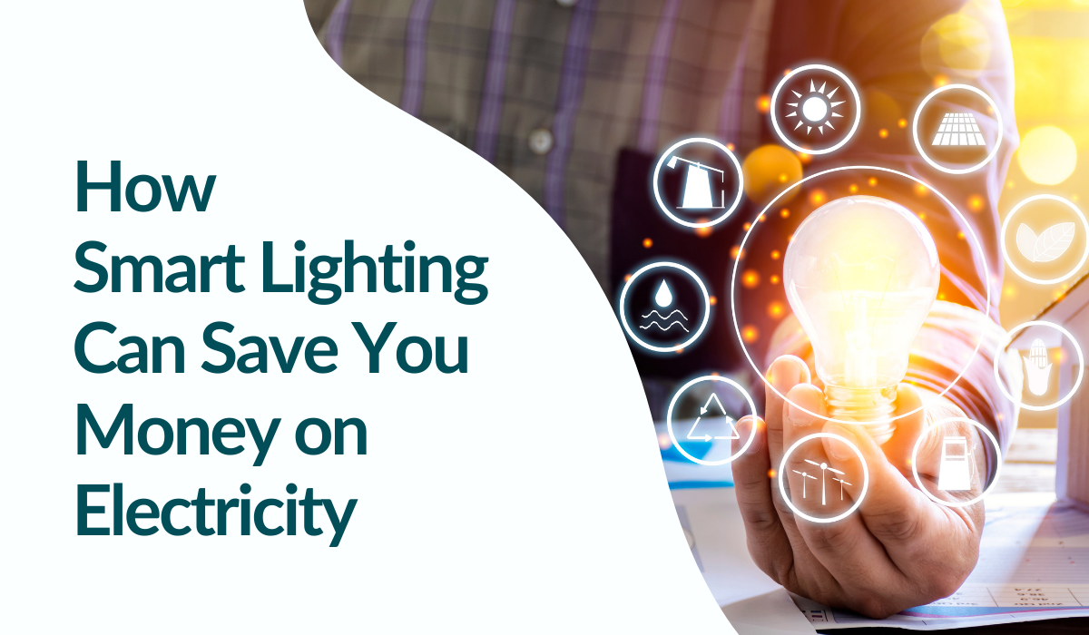 Hand holding a glowing light bulb with smart energy icons around it